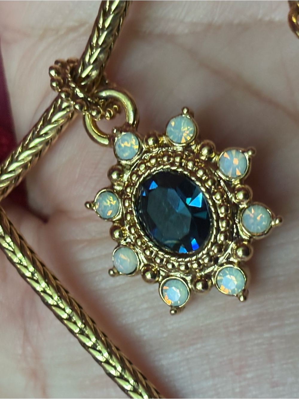 Vintage ‘1928 Gold-Tone Necklace with Dark💙 Blue Center and Opalescent Accents